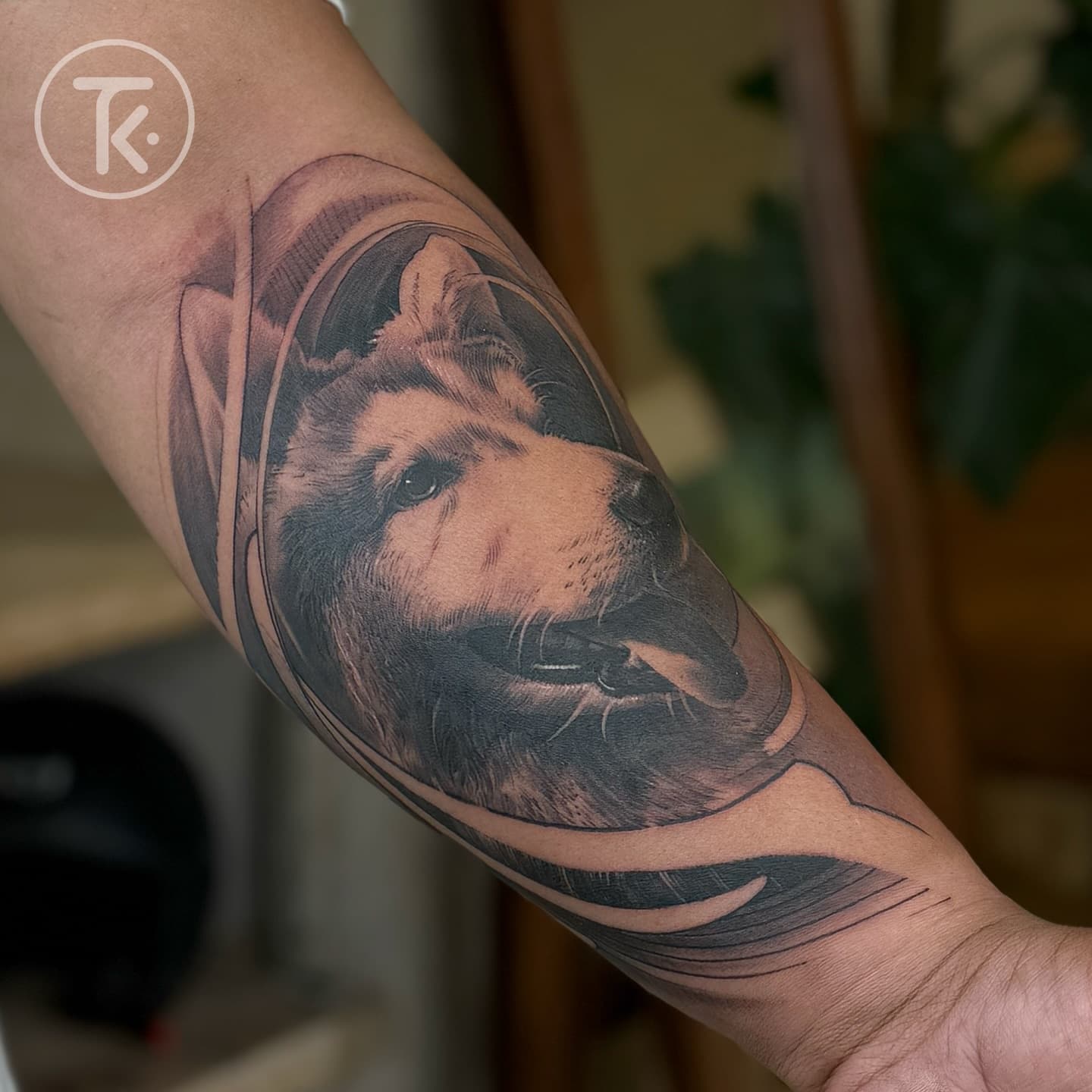 Realistic dog portrait tattoo on a forearm