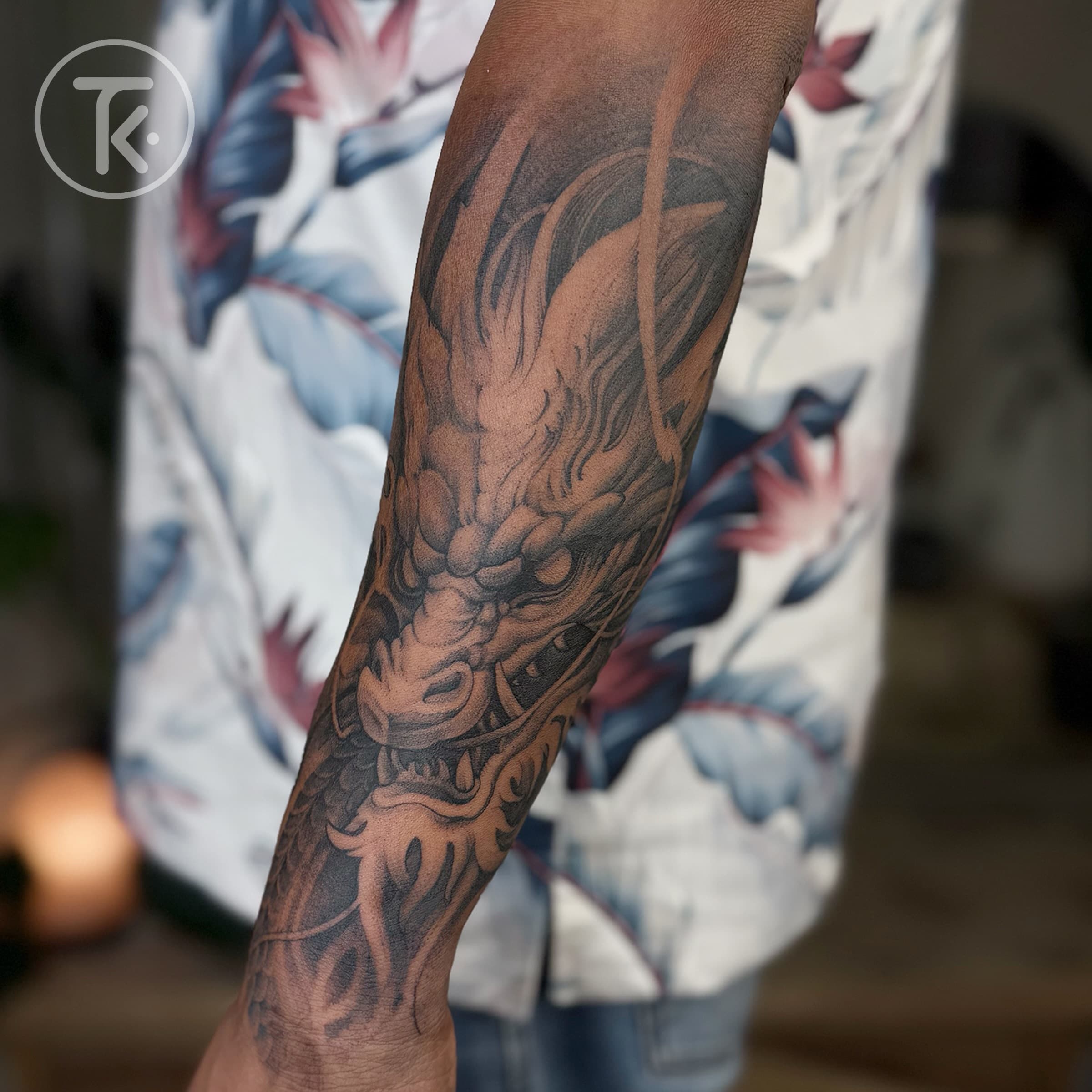 Dragon sleeve tattoo, side view