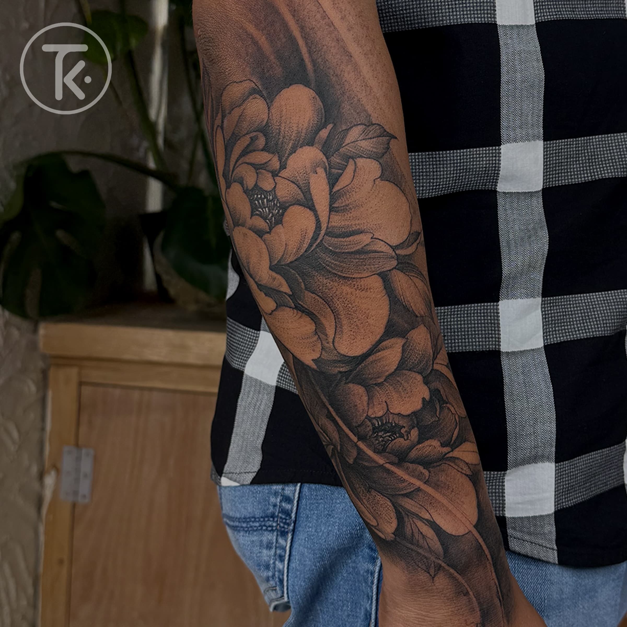 Black and grey floral sleeve with peonies